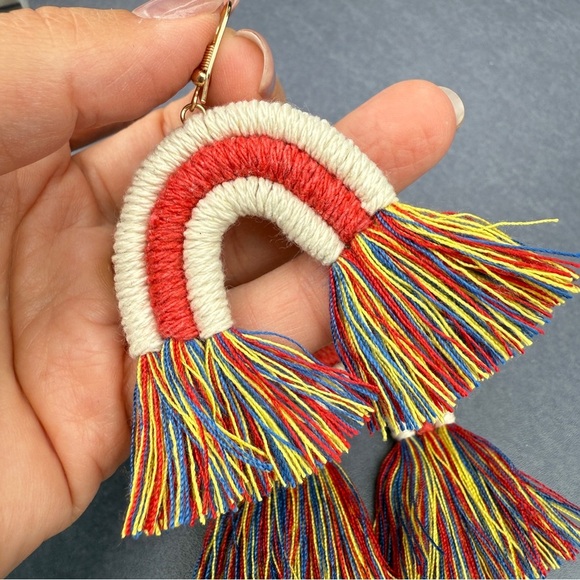 Colorful Macrame Rainbow Tassel Earrings Red Yellow Blue - Picture 9 of 12